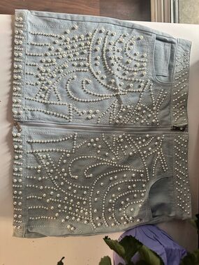 Pearl-Studded Light Blue Mini Skirt with Front Zip